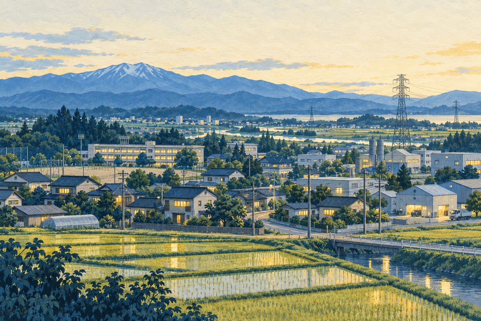 田園と山並みを背景に、家や学校、工場へ電気がつながる街のイラスト